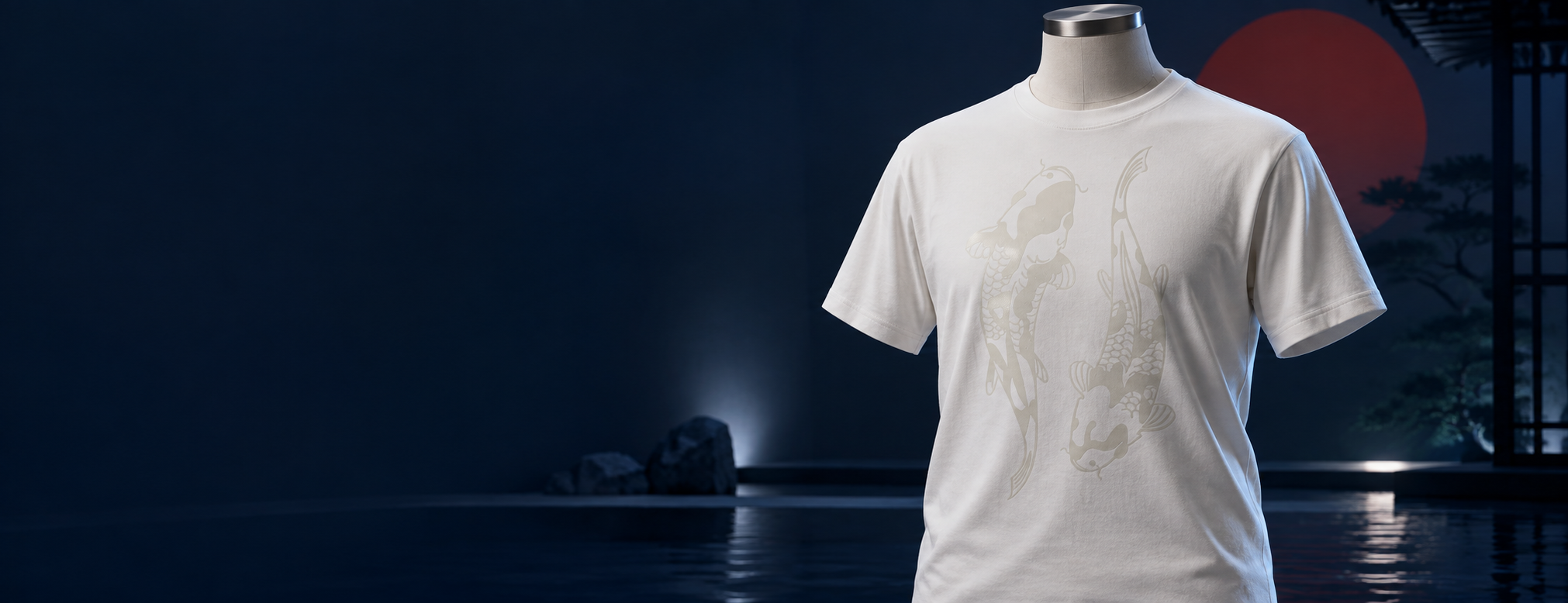 เสื้อสีขาวพิมพ์ลายปลาคาร์ปที่เรืองแสงสีเขียวในความมืด